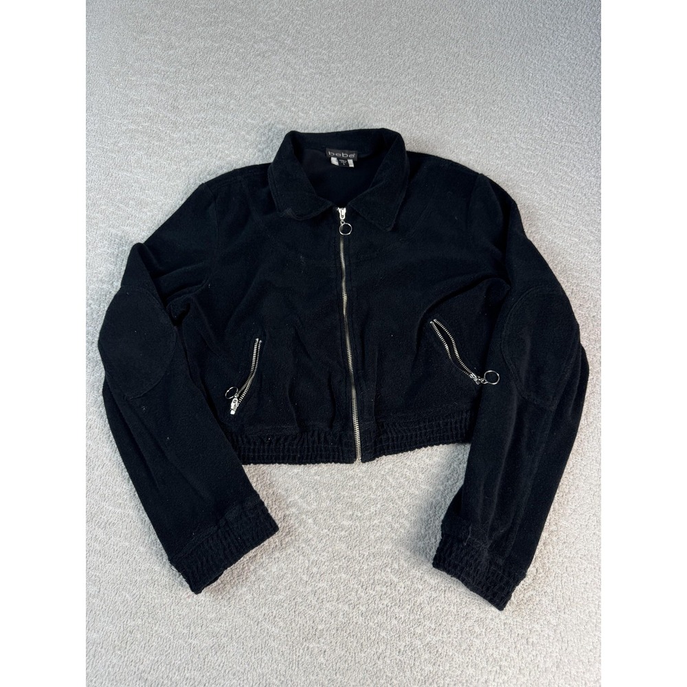 Bebe Jacket Womens Large Black Zip Front‎ Cropped Collared Retro Y2K Made USA